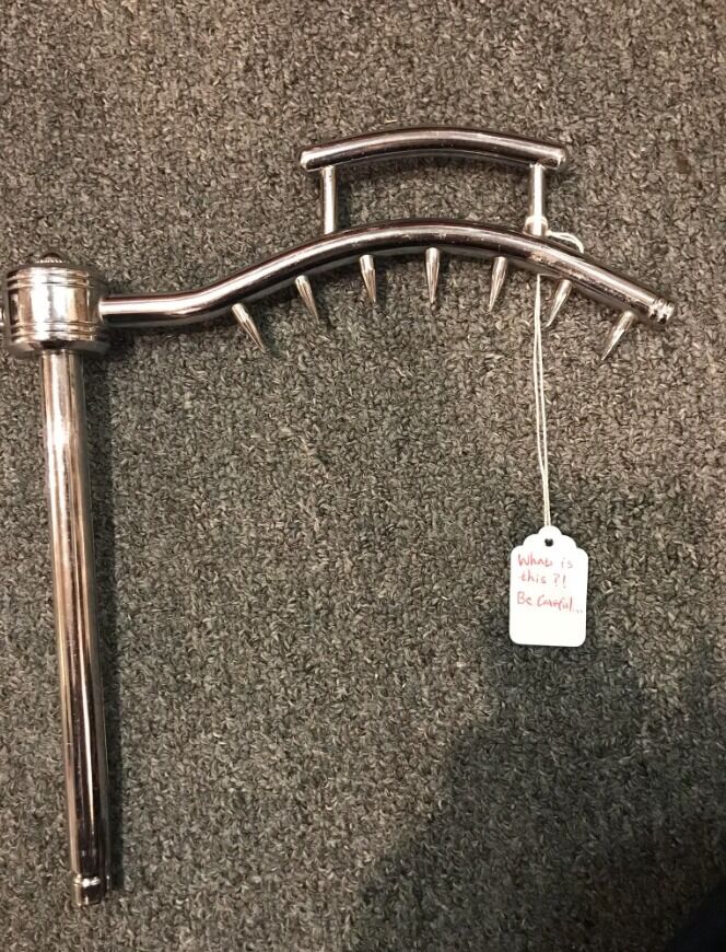 Metal spiked thing at antique store in MD. Even they didn’t know what it was, the tag says “What is this!?”