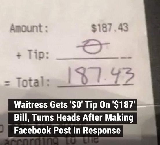 Waitress gets ‘$0’ tip on ‘$187’ bill, turns heads after making Facebook post in response. See it below!
